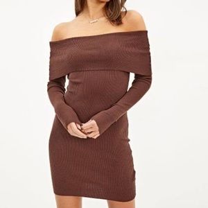 Shoulder Brown Ribbed Dress 